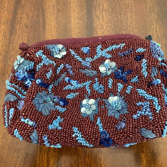 Anthropologie Intricately Beaded Makeup Cosmetic Bag Pouch Floral 7" x 5" - Picture 3 of 6